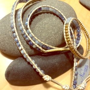 Wrap bracelet, blue quartz, gold beads, leather.